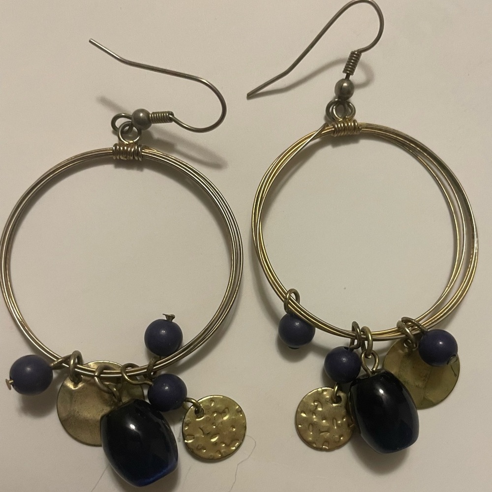 Gold hoop earrings Costume gold with blue beads and gold dangle, great condition